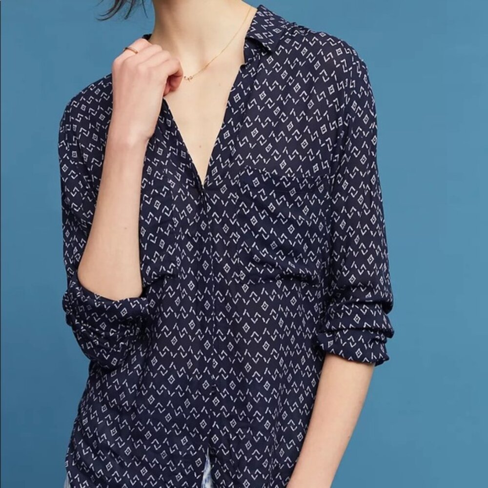 Anthropologie Cloth & Stone Scioto Blue Button Down Shirt S Rayon Coastal Boho